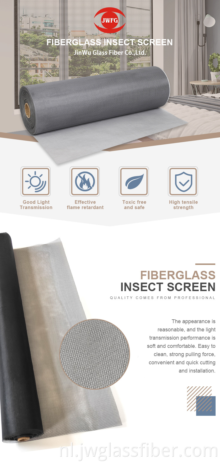 Fiberglass -insectenscherm van hoge kwaliteit voor raam en deur